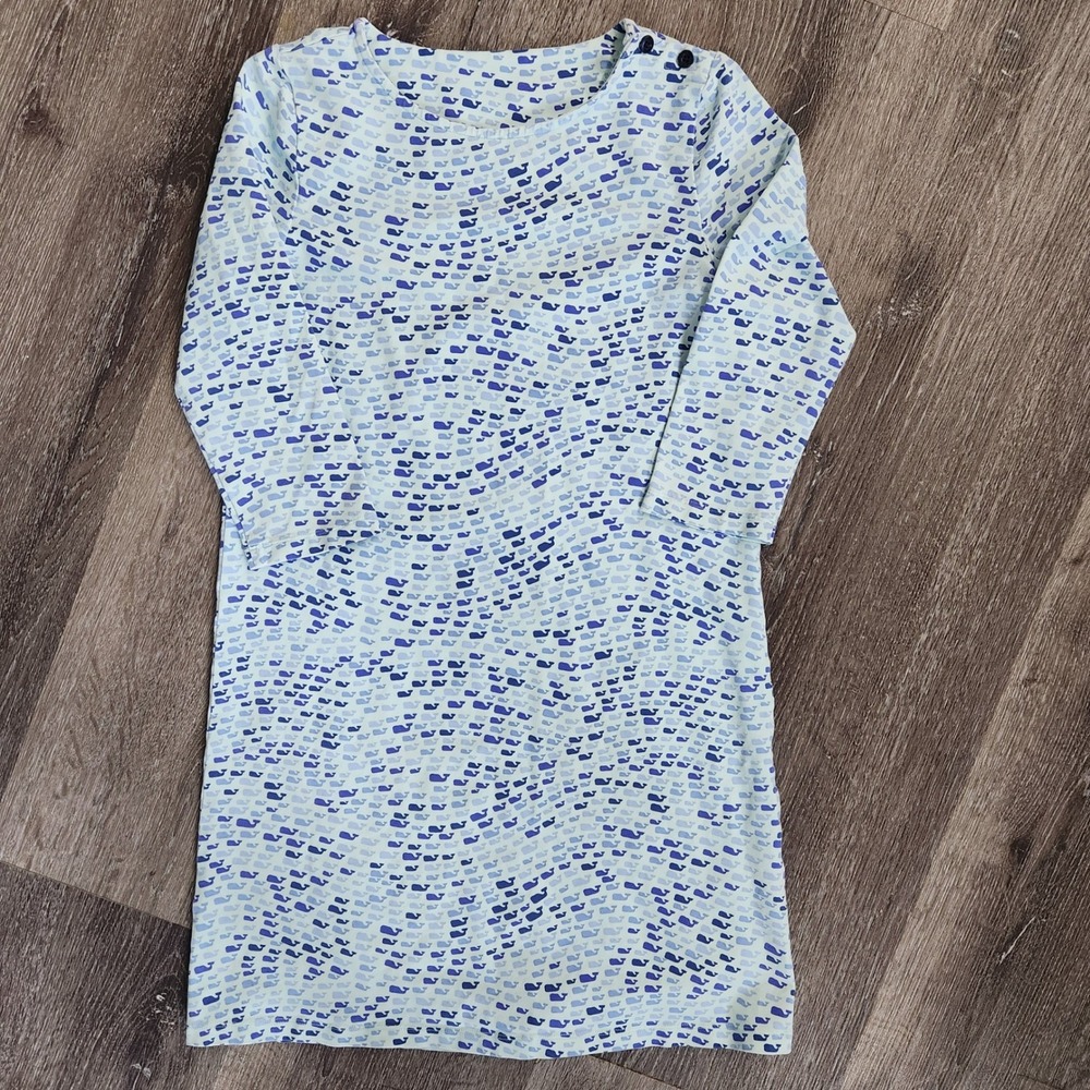 Vineyard Vines Girls Whale Print Dress Blue Long Sleeve Size L 14 Cotton Spandex